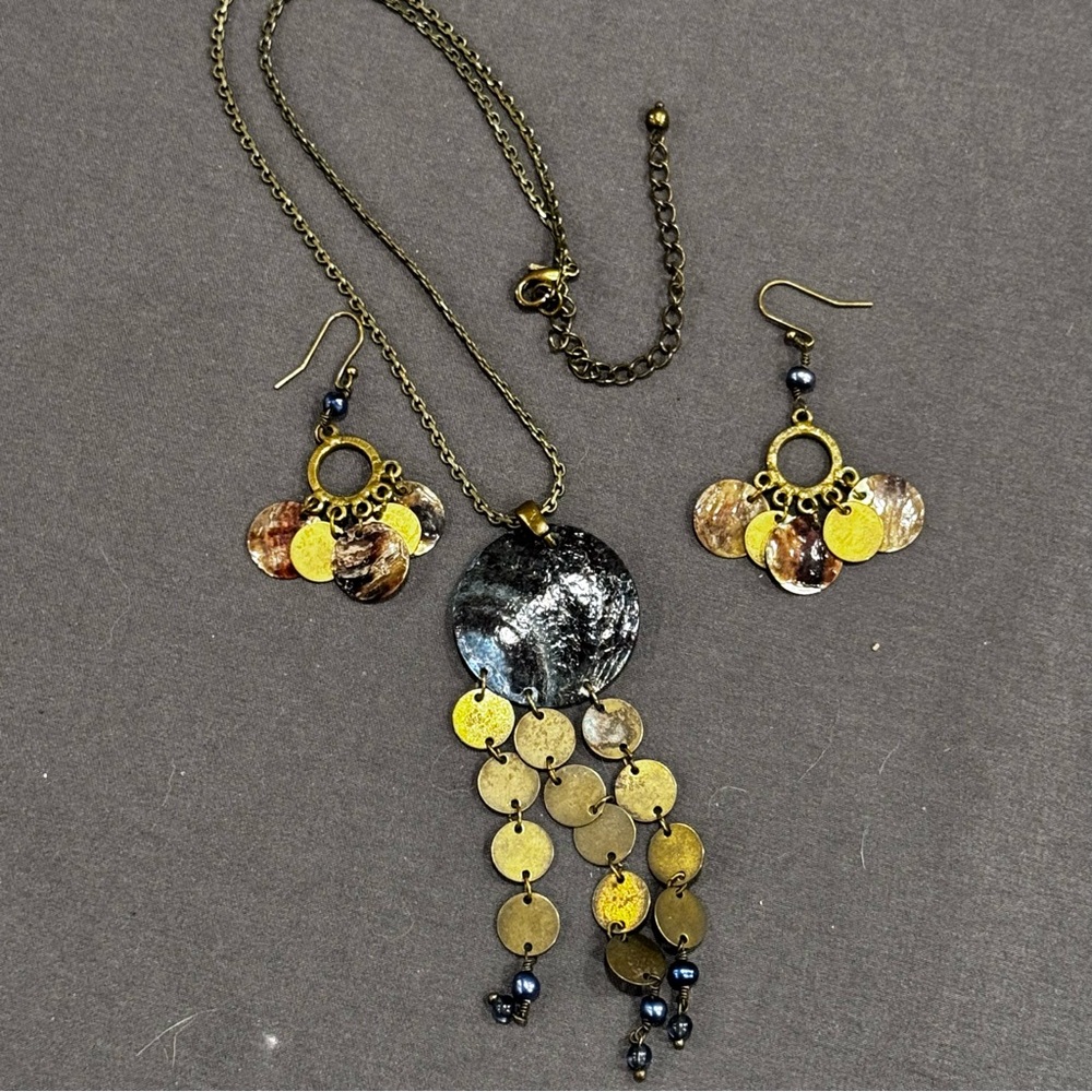 Vintage Bronze, Black Blue Pendant Necklace and Earring Set